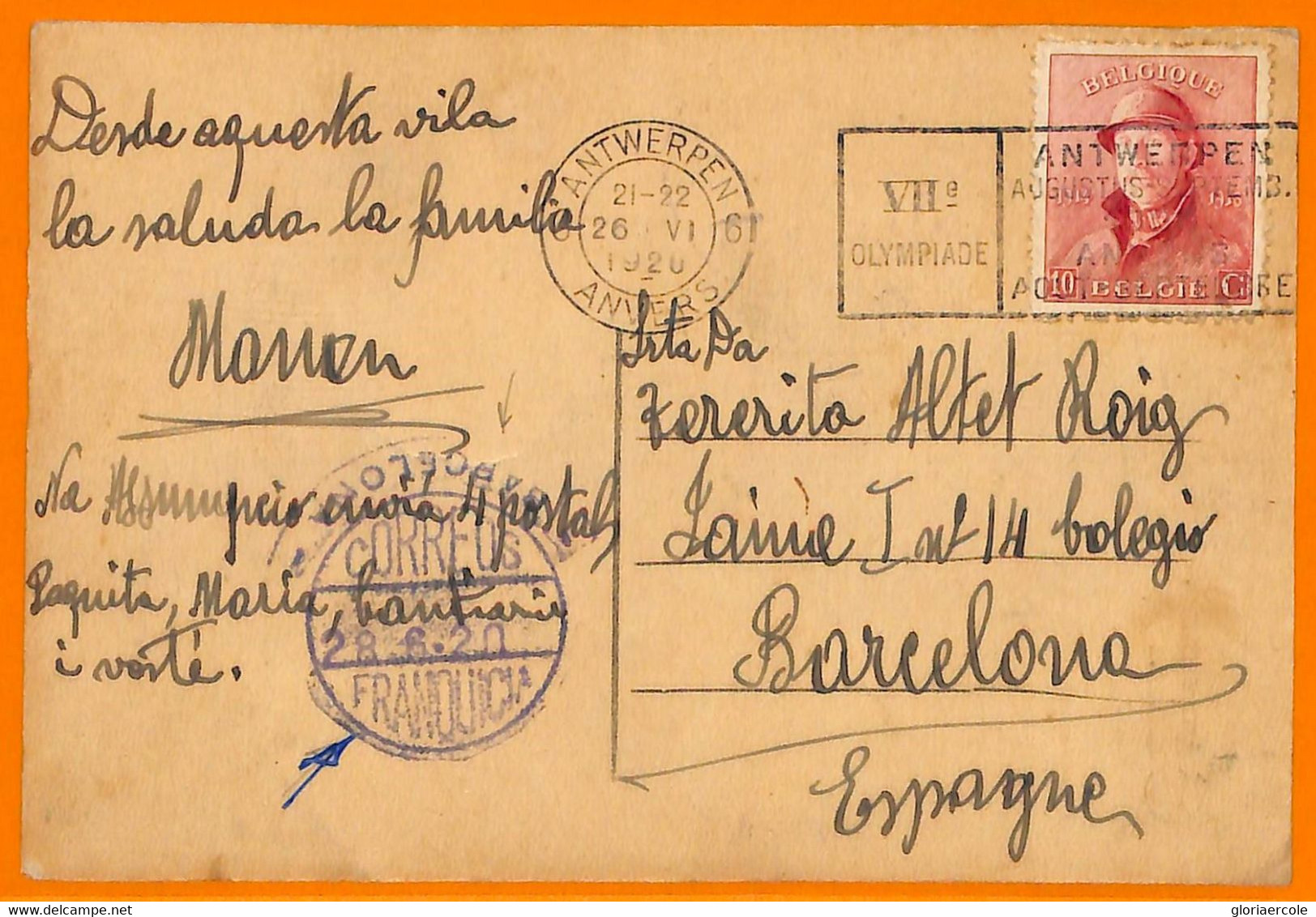Aa2942 - BELGIUM - POSTAL HISTORY - 1920 Olympic Postmark To SPAIN: Franquicia - Verano 1920: Amberes (Anvers)