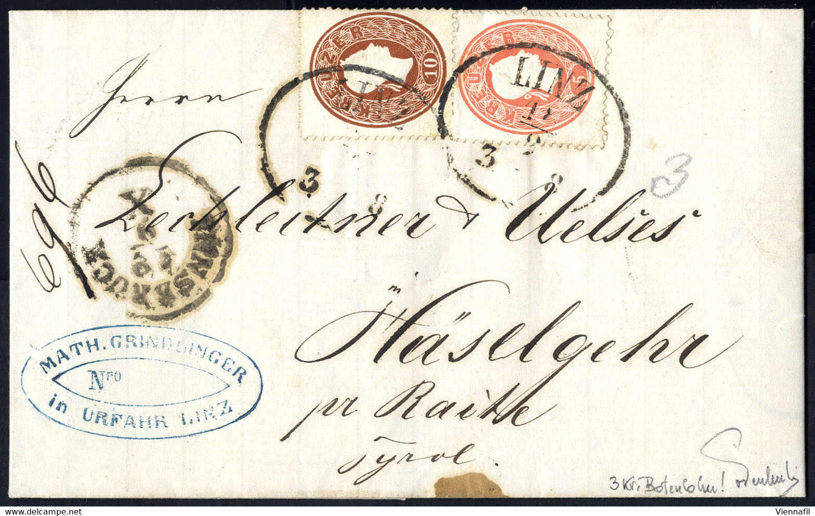 Cover 1861, Lot Vier Prachtbriefe, 5 + 10 Kr. Von Linz Nach Häselgehr Mit "3" Kr. Botenlohn, 5 Kr. Von Weyer Nach Rotten - Otros & Sin Clasificación