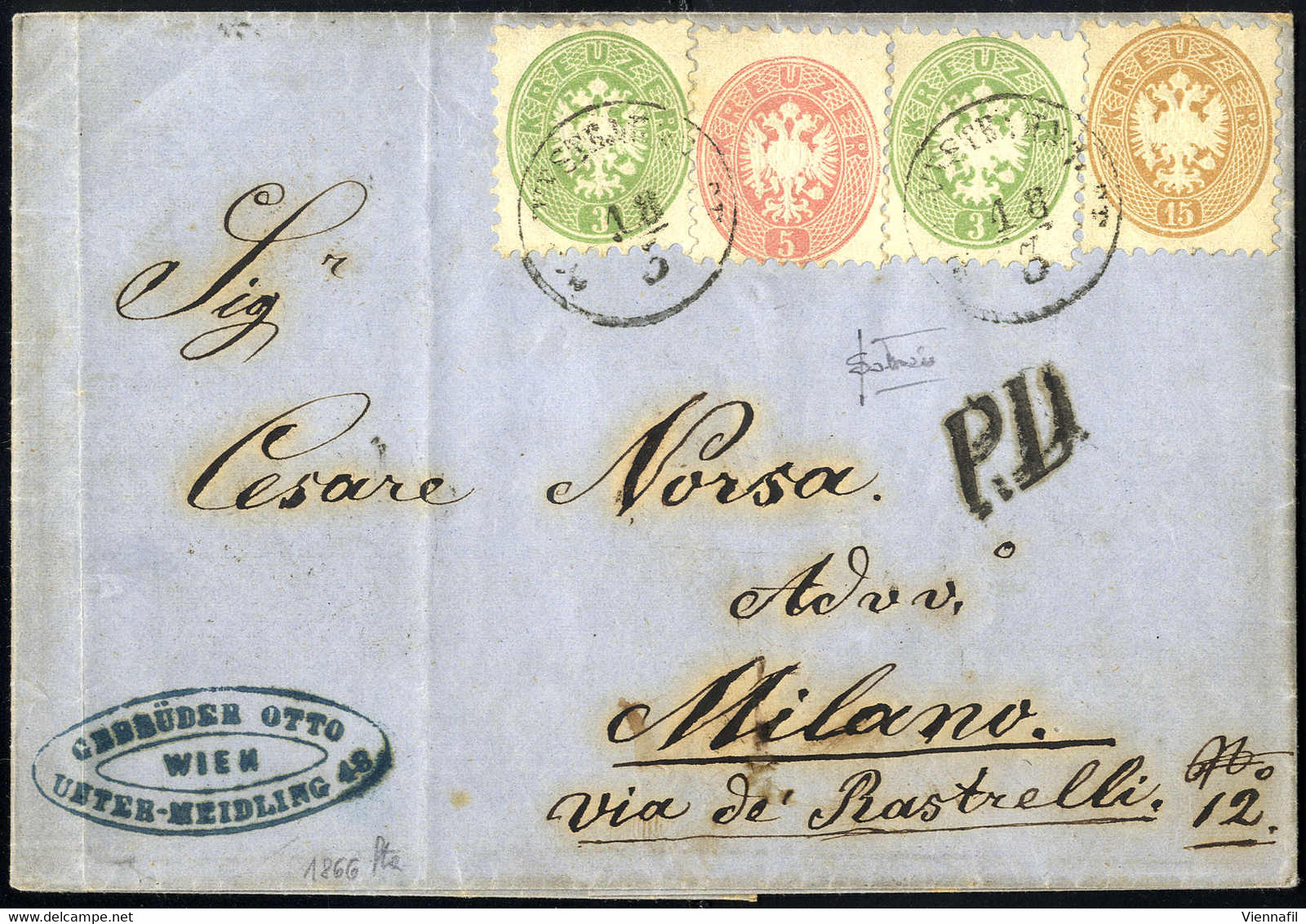 Cover 1864, Brief über Fünf Sektionen Von Wien - Unter Meidling 18.3.1866 Nach Mailand Mit Zwei Stück 3 Kr. Grün + 5 Kr. - Otros & Sin Clasificación