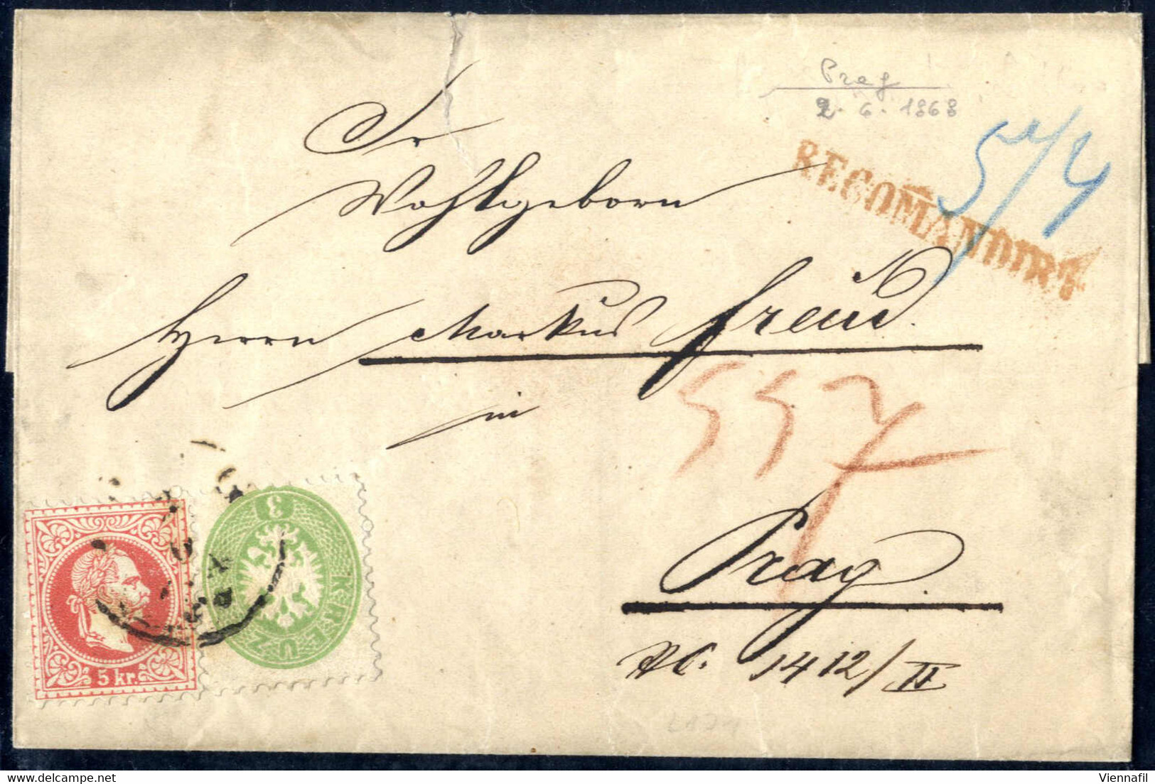 Cover/bof 1864, Ortsreko-Brief Von Prag, 2.6.1868, Mit Vorderseitiger Mischfrankatur 3 Kr 1864 Mit 5 Kr 1867 – Nicht Häu - Otros & Sin Clasificación