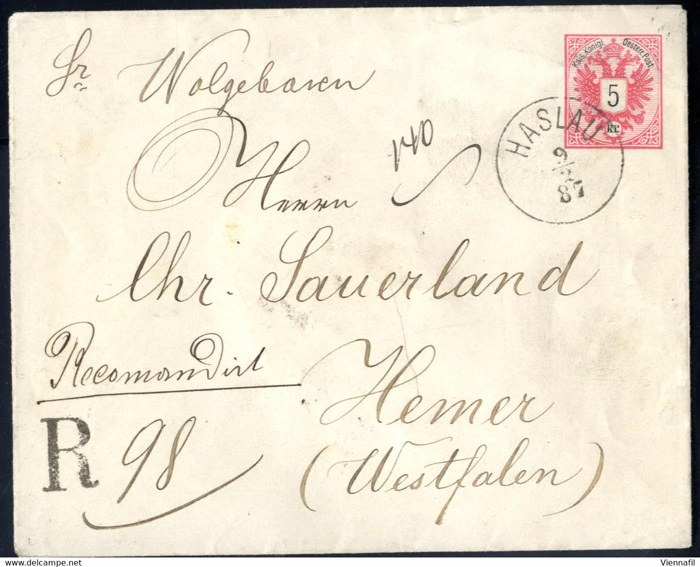 Cover 1887, 5 Kreuzer Ganzsachenumschlag Mit Rückseitiger Rekozusatzfrankatur 2+2+3+3 Kr. Von Haslau 9.2.87 Nach Hemer/W - Otros & Sin Clasificación