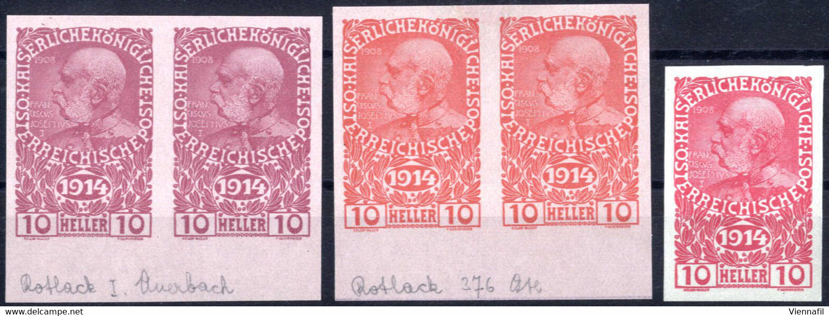 **/(*) 1914, Kriegswitwen Und -waisen 10 Heller Rosa, Zwei Ungezähnte Paare Vom Unteren Rand Als Farbproben In Zwei Vers - Otros & Sin Clasificación