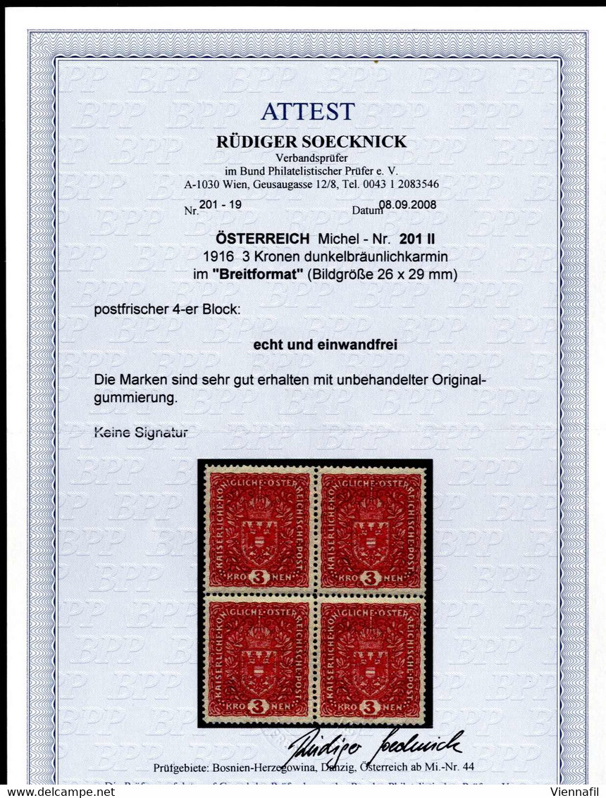 ** 1916, 3 Kronen Wappen Im Breitformat, Postfrischer Viererblock, Attest Soecknick, ANK 201 II / 1800,- - Otros & Sin Clasificación