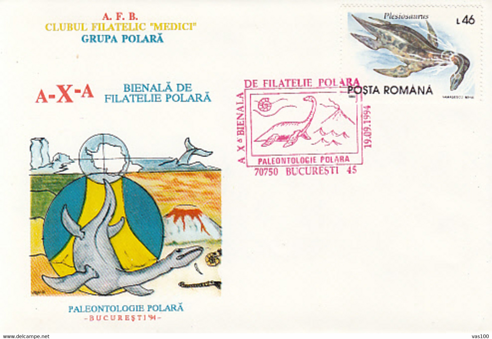 POLAR PHILATELY, EVENTS, POLAR PHILAELIC EXHIBITION, DINOSAURS, SPECIAL COVER, 1994, ROMANIA - Événements & Commémorations