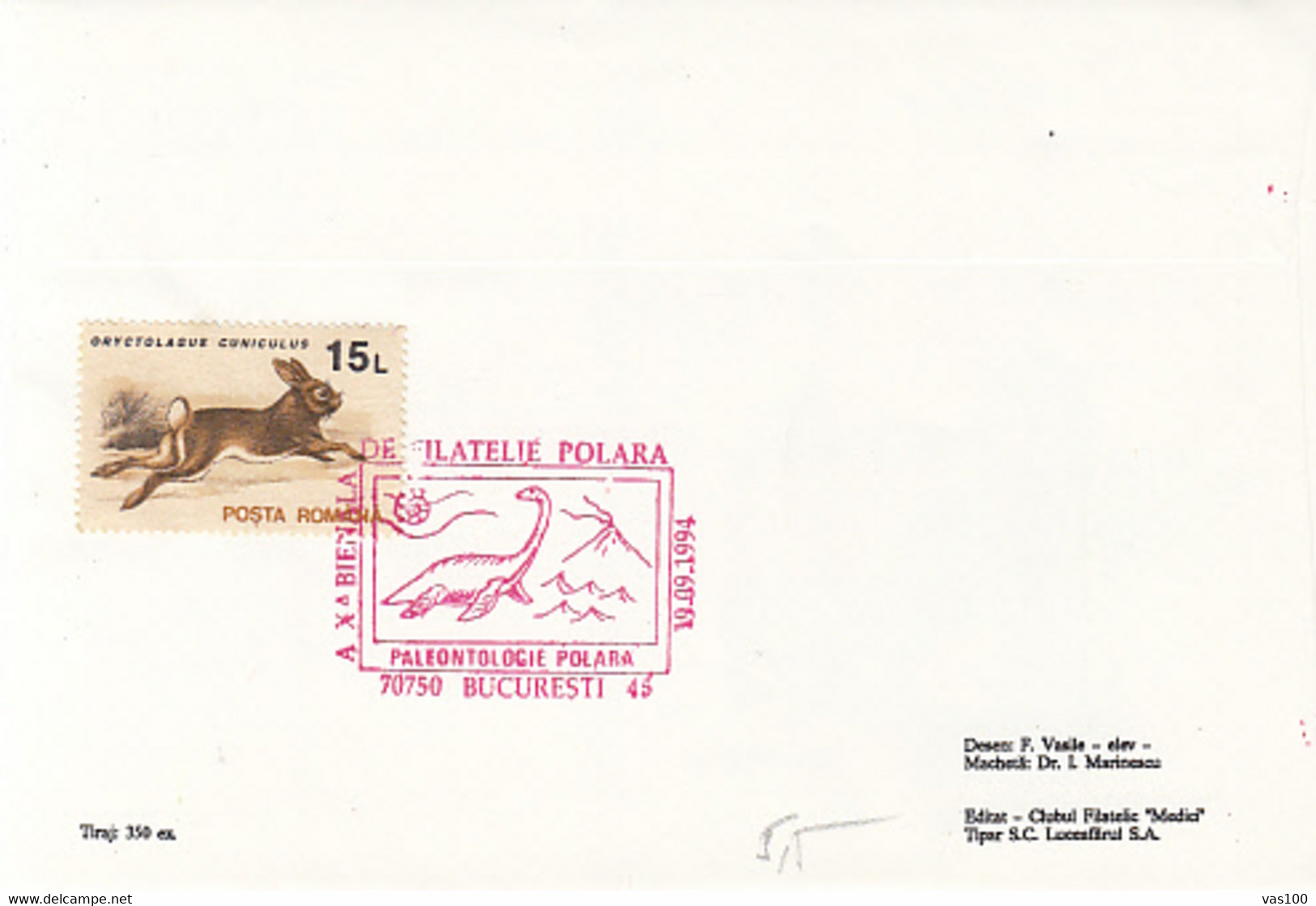 POLAR PHILATELY, EVENTS, POLAR PHILAELIC EXHIBITION, DINOSAURS, SPECIAL COVER, 1994, ROMANIA - Événements & Commémorations