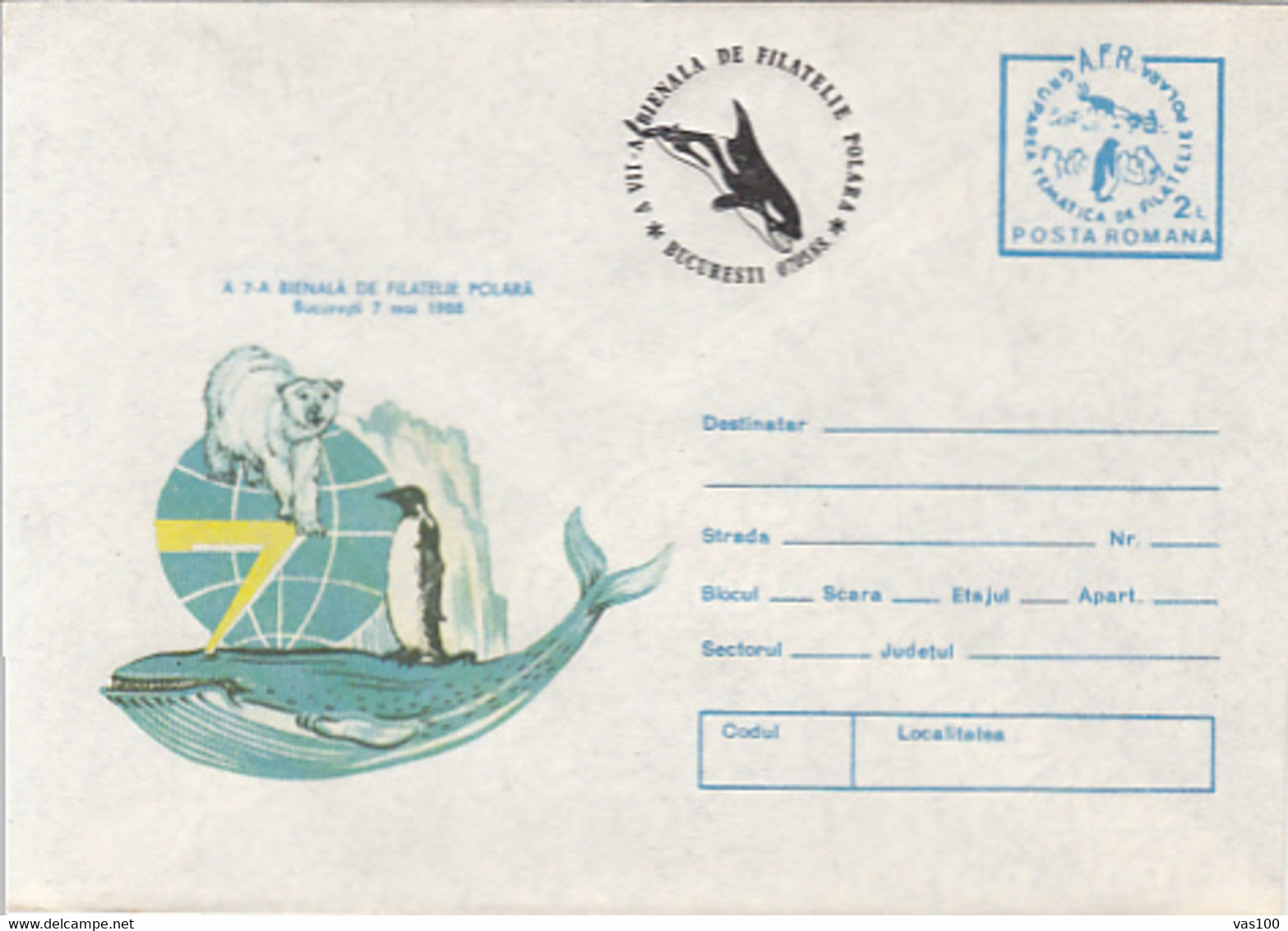 POLAR PHILAELIC EXHIBITION, POLAR BEAR, PENGUIN, WHALE, COVER STATIONERY, ENTIER POSTAL, 1988, ROMANIA - Événements & Commémorations