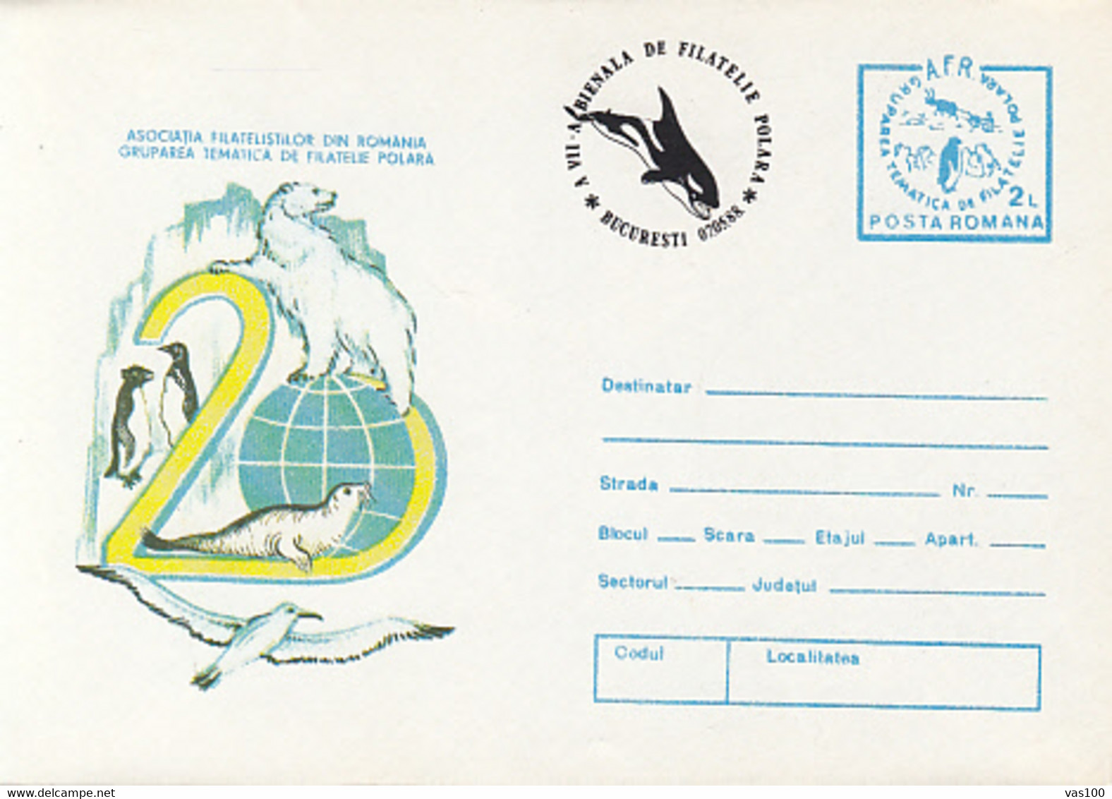 POLAR PHILAELIC EXHIBITION, POLAR BEAR, PENGUIN, WHALE, COVER STATIONERY, ENTIER POSTAL, 1988, ROMANIA - Événements & Commémorations