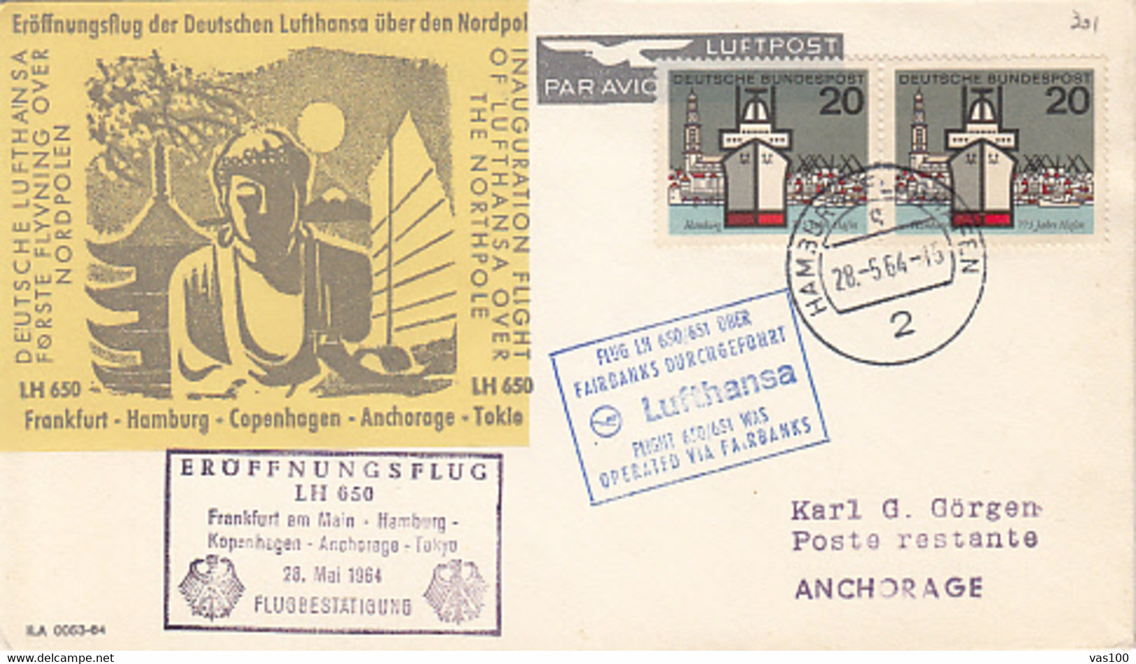 POLAR FLIGHTS, ARCTICA, FRANKFURT-HAMBURG-COPENHAGEN-ANCHORAGE-TOKYO AIRLINE, SPECIAL COVER, 1964, GERMANY - Vols Polaires