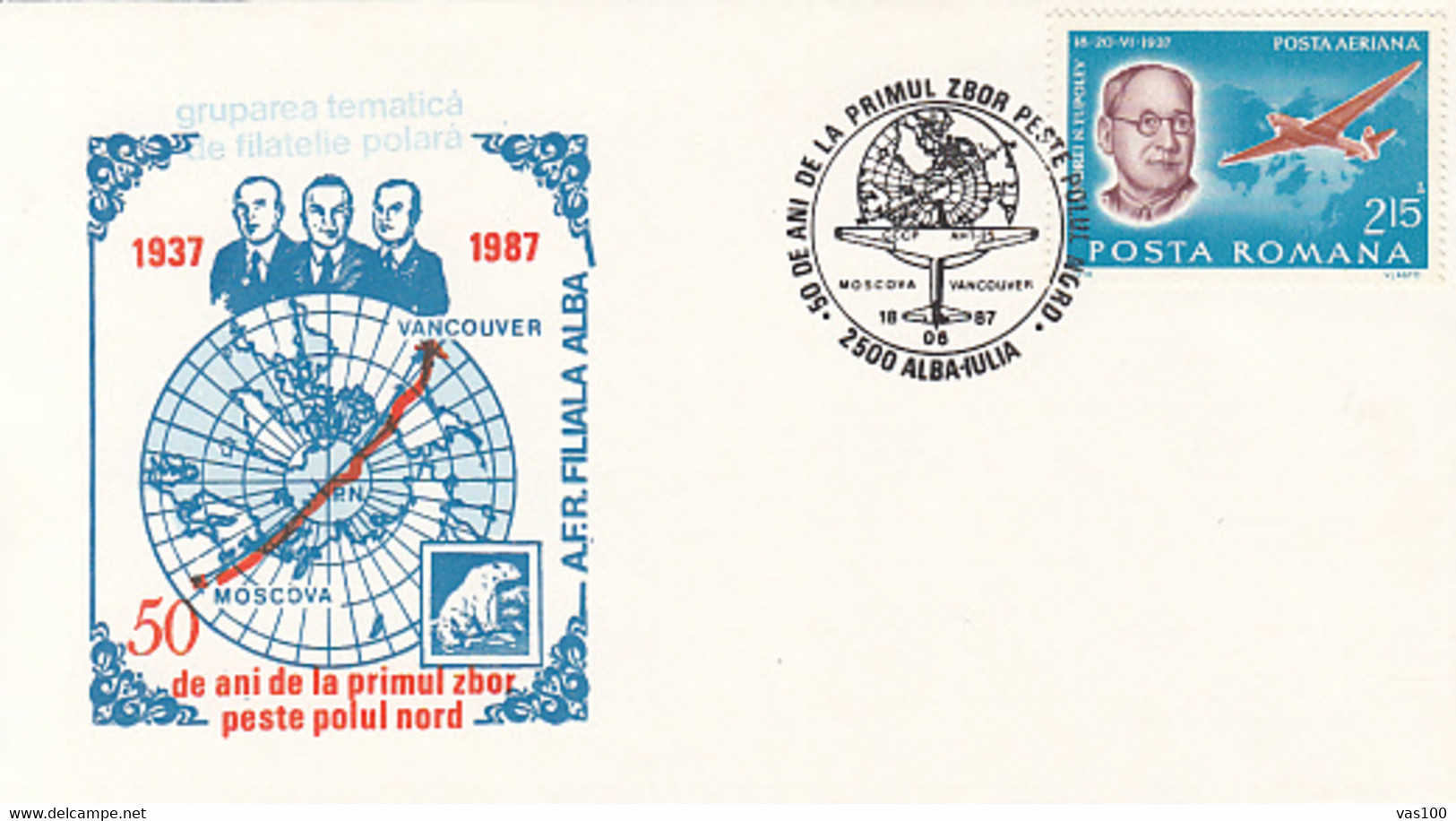 POLAR FLIGHTS, MOSCOW-VANCOUVER POLAR FLIGHT, TUPOLEV ANT-25 PLANE, SPECIAL COVER, 1987, ROMANIA - Vols Polaires