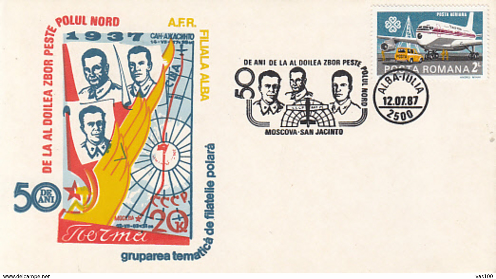 POLAR FLIGHTS, MOSCOW-SAN JACINTO SECOND POLAR FLIGHT, TUPOLEV ANT-25 PLANE, SPECIAL COVER, 1987, ROMANIA - Poolvluchten