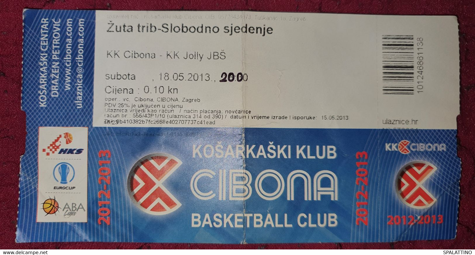 KK CIBONA ZAGREB - KK JOLLY JBŠ, ABA LEAGUE 2012/2013, MATCH TICKET - Bekleidung, Souvenirs Und Sonstige