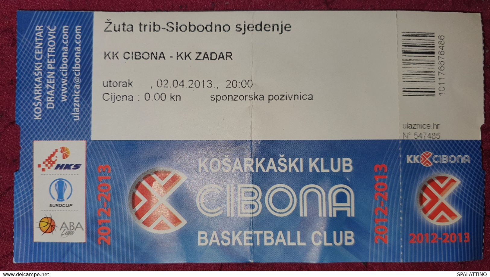 KK CIBONA ZAGREB - KK ZADAR, ABA LEAGUE 2012/2013, MATCH TICKET - Bekleidung, Souvenirs Und Sonstige