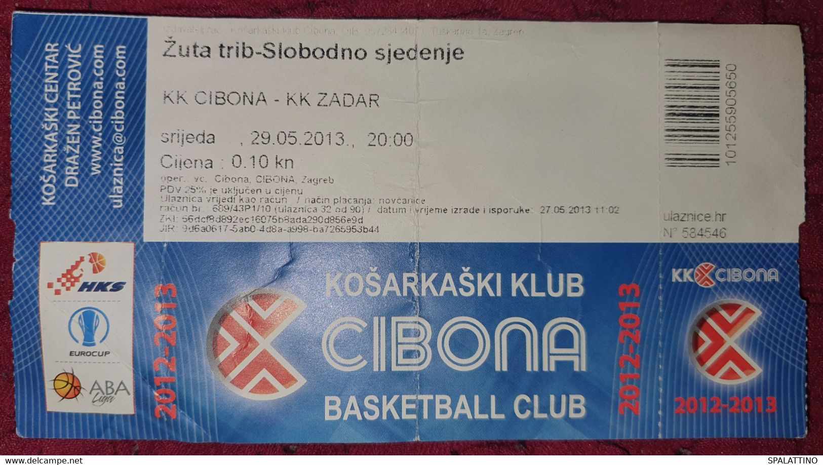 KK CIBONA ZAGREB - KK ZADAR, ABA LEAGUE 2012/2013, MATCH TICKET - Habillement, Souvenirs & Autres