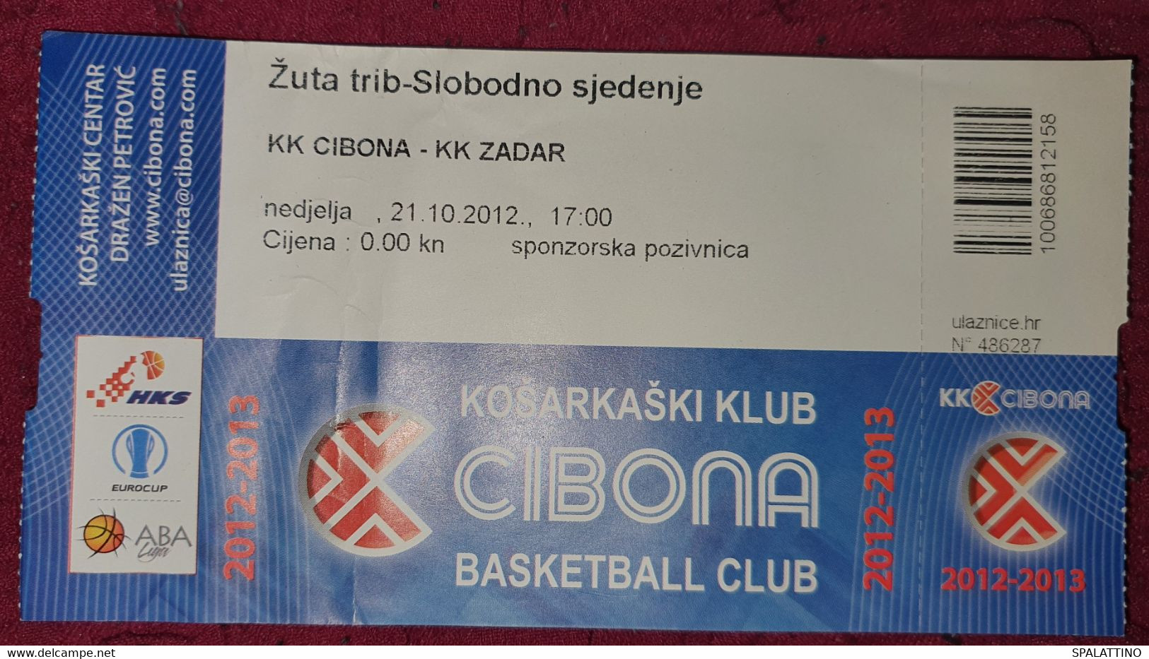 KK CIBONA ZAGREB - KK ZADAR, ABA LEAGUE 2012/2013, MATCH TICKET - Uniformes, Recordatorios & Misc