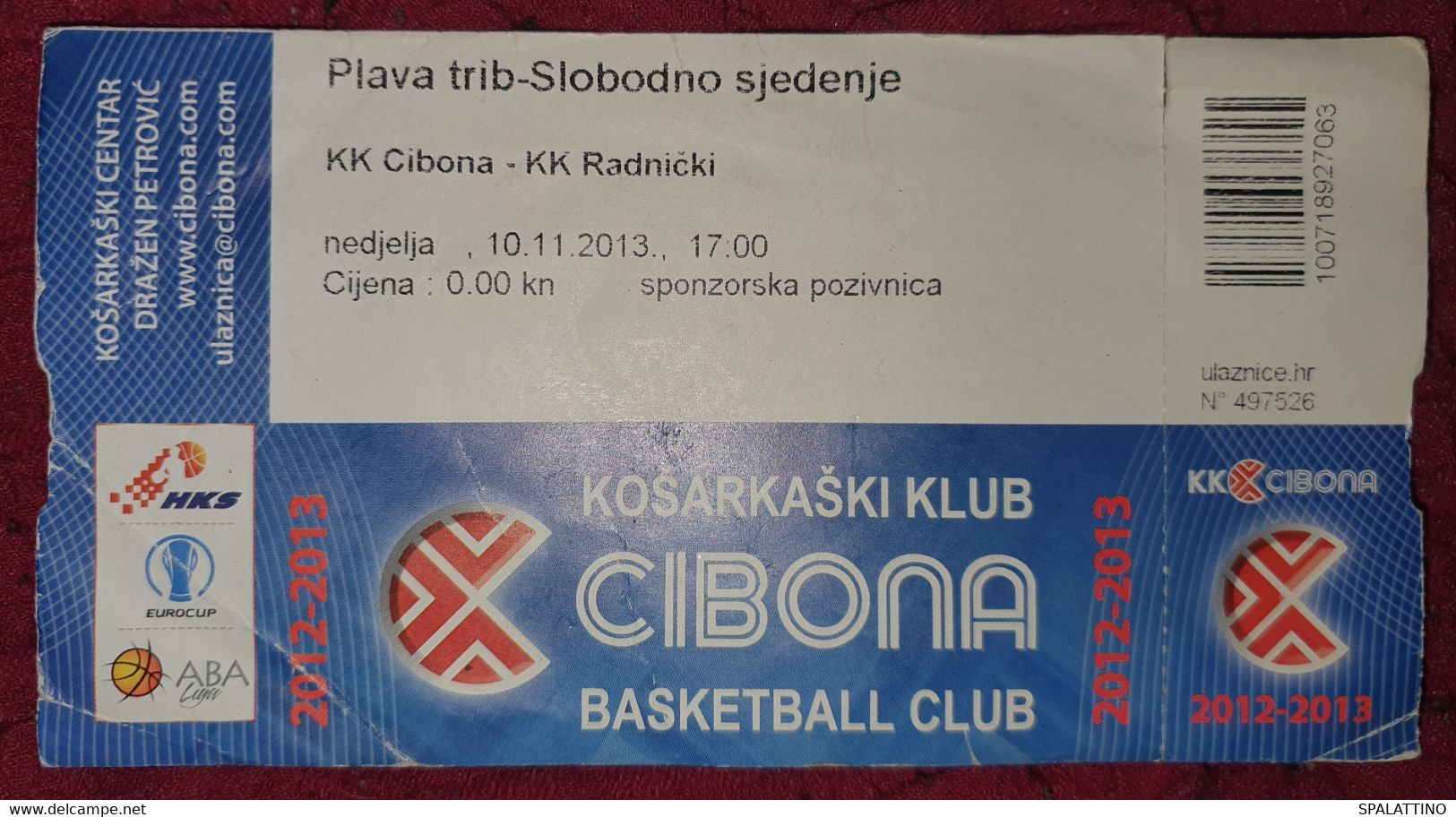 KK CIBONA ZAGREB - KK RADNIČKI, ABA LEAGUE 2012/2013, MATCH TICKET - Apparel, Souvenirs & Other