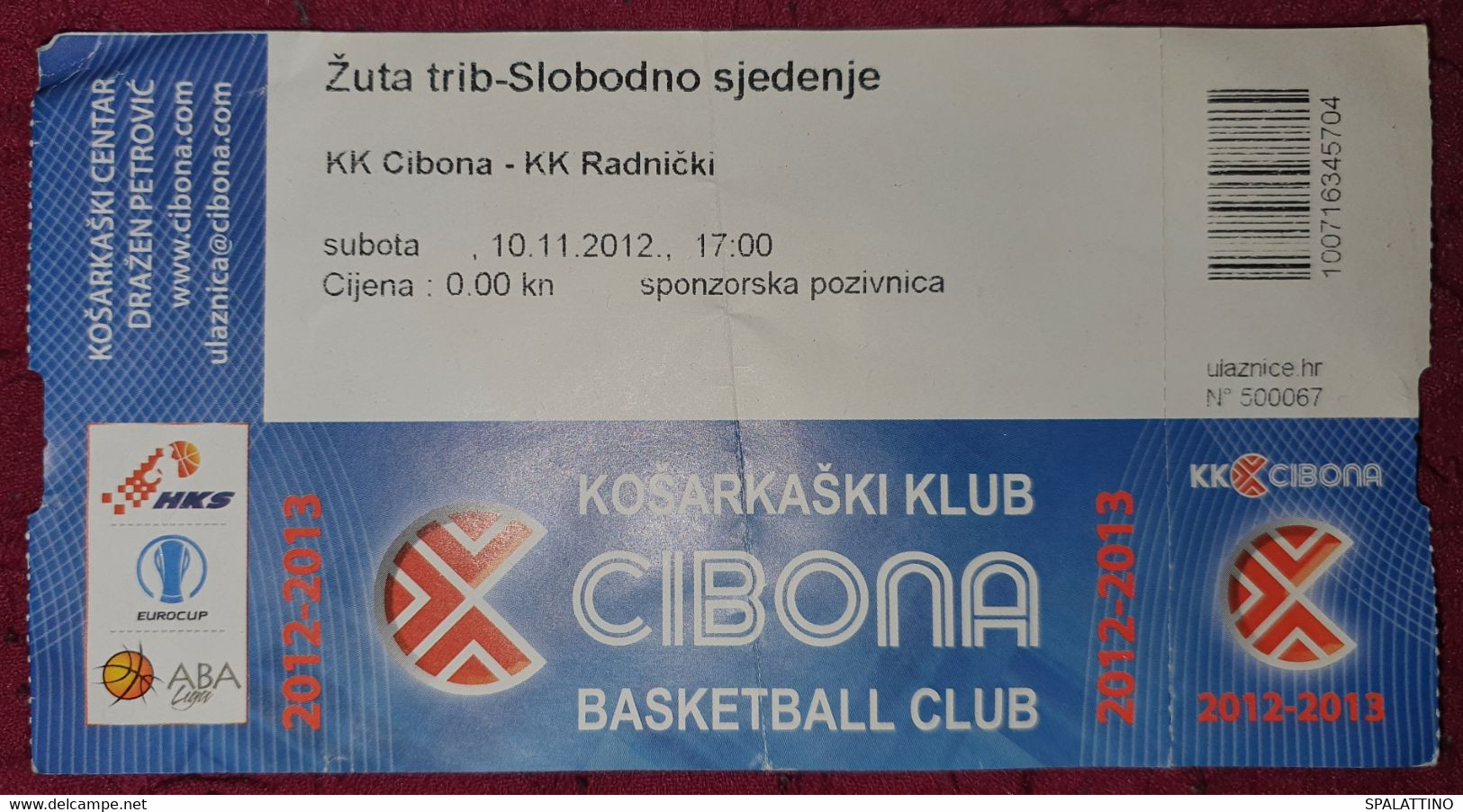 KK CIBONA ZAGREB - KK RADNIČKI, ABA LEAGUE 2012/2013, MATCH TICKET - Apparel, Souvenirs & Other