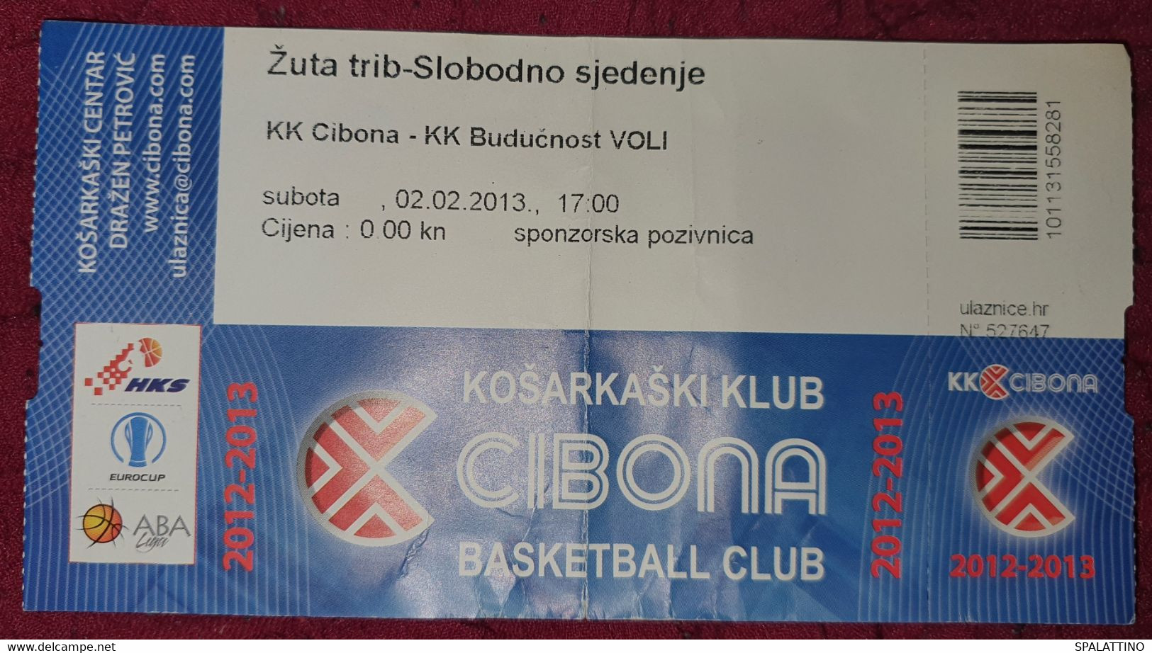 KK CIBONA ZAGREB - KK BUDUĆNOST VOLI, ABA LEAGUE 2012/2013, MATCH TICKET - Apparel, Souvenirs & Other