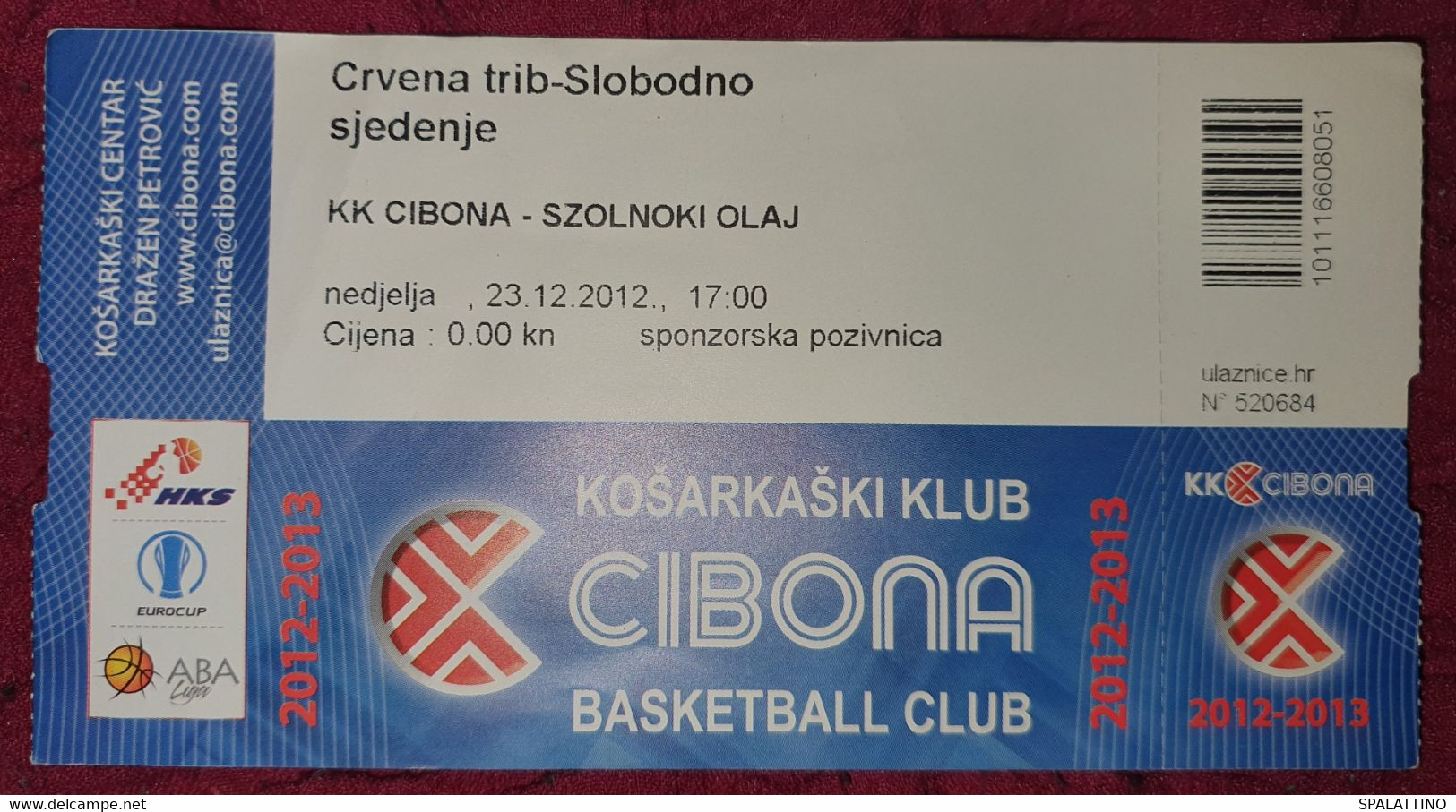 KK CIBONA ZAGREB - SZOLNOKI OLAJ, ABA LEAGUE 2012/2013, MATCH TICKET - Bekleidung, Souvenirs Und Sonstige