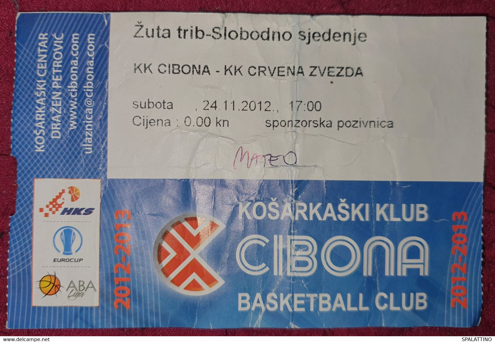 KK CIBONA ZAGREB - KK CRVENA ZVEZDA, ABA LEAGUE 2012/2013, MATCH TICKET - Bekleidung, Souvenirs Und Sonstige