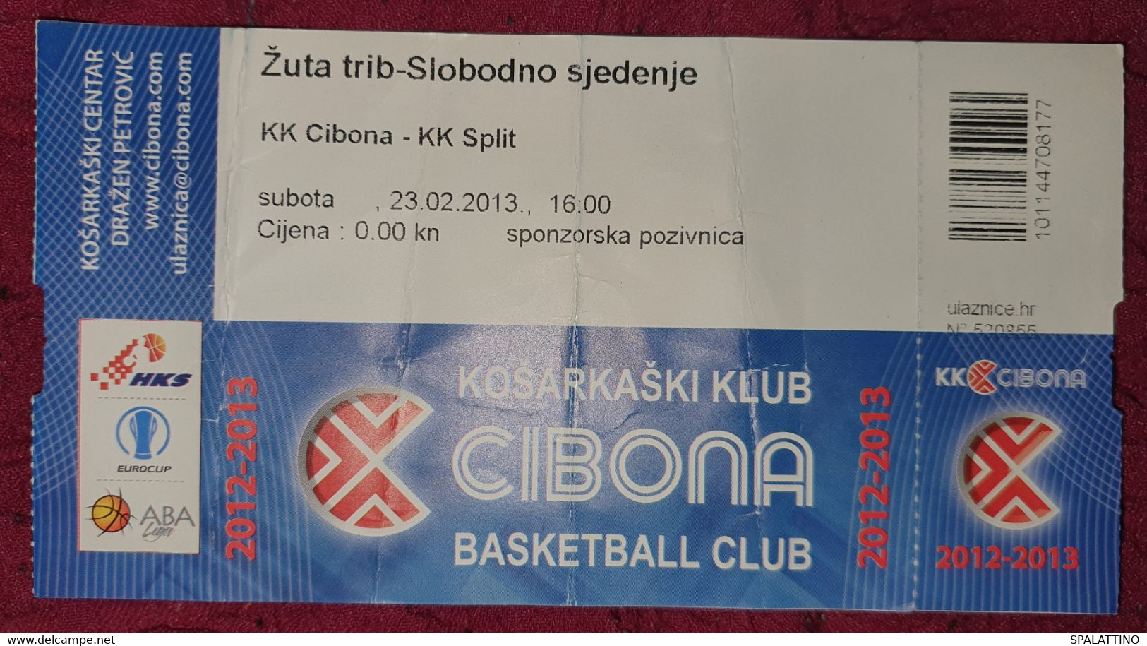 KK CIBONA ZAGREB - KK SPLIT, ABA LEAGUE 2012/2013, MATCH TICKET - Apparel, Souvenirs & Other