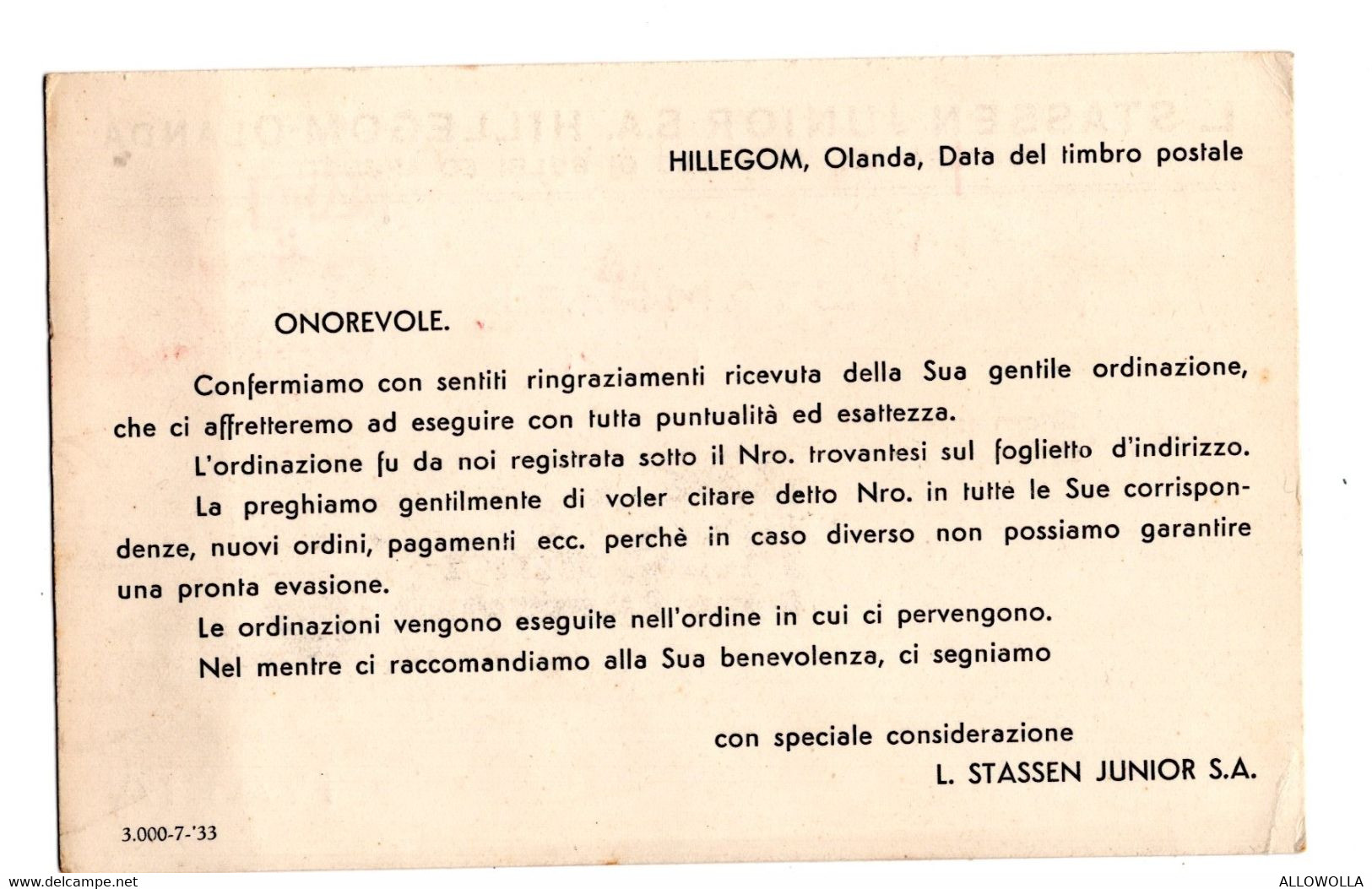 12414 " L. STASSEN JUNIOR S.A.-HILLEGOM-OLANDA-COLTURE ALL'INGROSSO DI BULBI ED ARBUSTI "-CART. SPED.1934 - Marchands