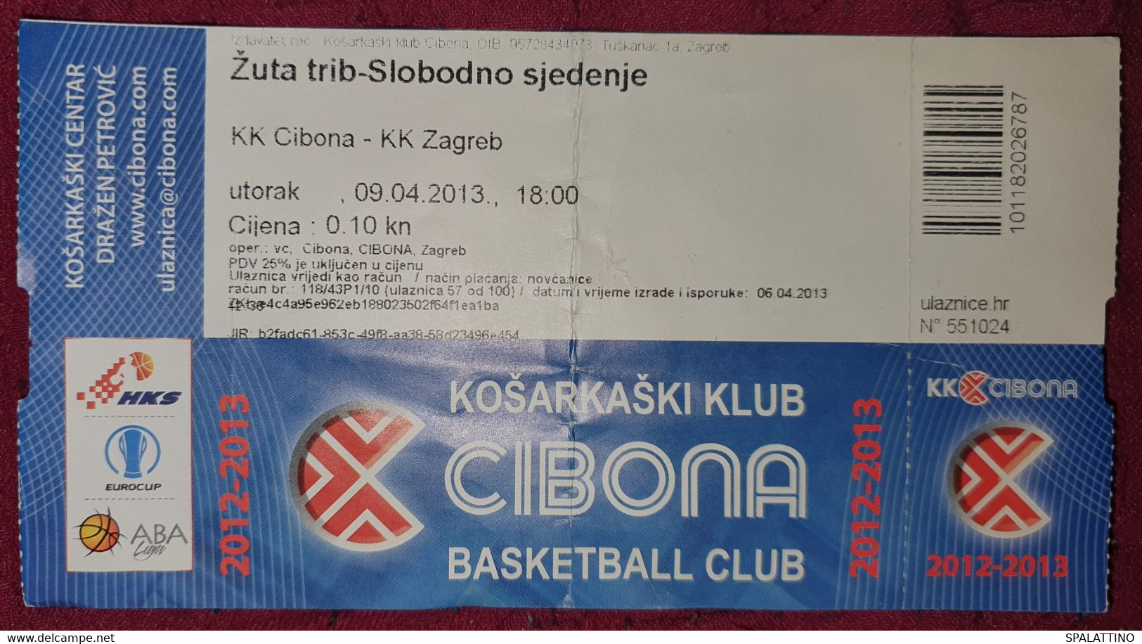 KK CIBONA ZAGREB - KK ZAGREB, ABA LEAGUE 2012/2013, MATCH TICKET - Bekleidung, Souvenirs Und Sonstige