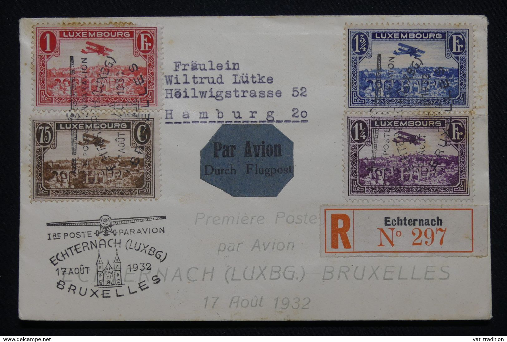 LUXEMBOURG - Enveloppe 1 Er Vol Echternah / Bruxelles En 1932 En Recommandé - L 98696 - Lettres & Documents