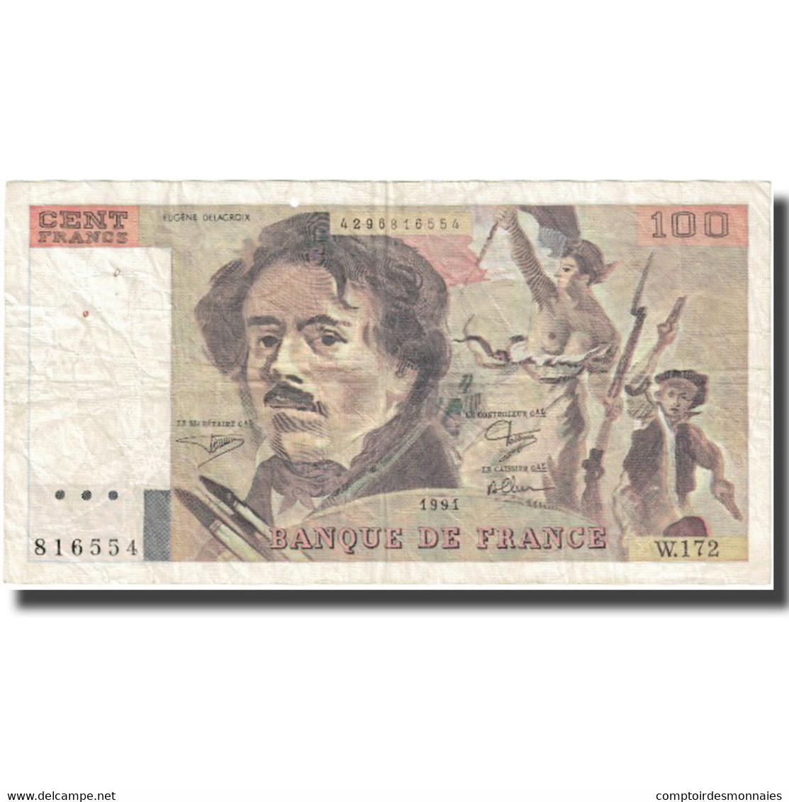 France, 100 Francs, Delacroix, 1991, TB+, Fayette:69.b.3.a.4, KM:154e - 100 F 1978-1995 ''Delacroix''