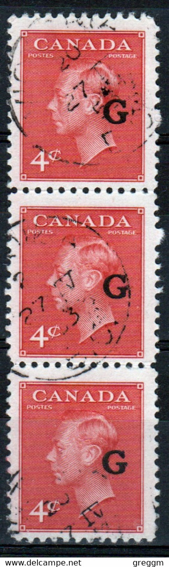 Canada 1950 Strip Of 3 X 4c Stamp Overprinted 'G'. In Fine Used - Overprinted