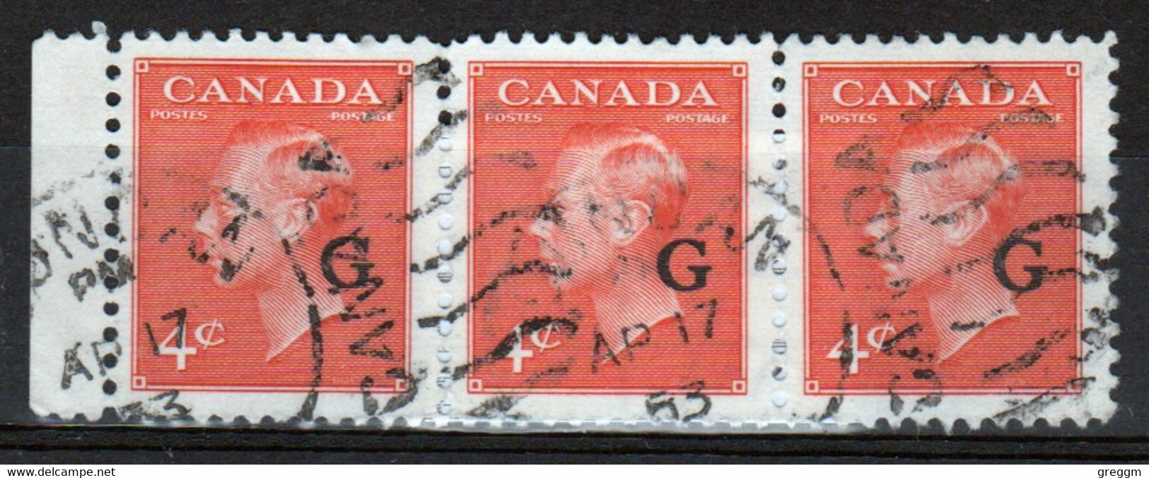 Canada 1950 Strip Of 3 X 4c Stamp Overprinted 'G'. In Fine Used - Overprinted