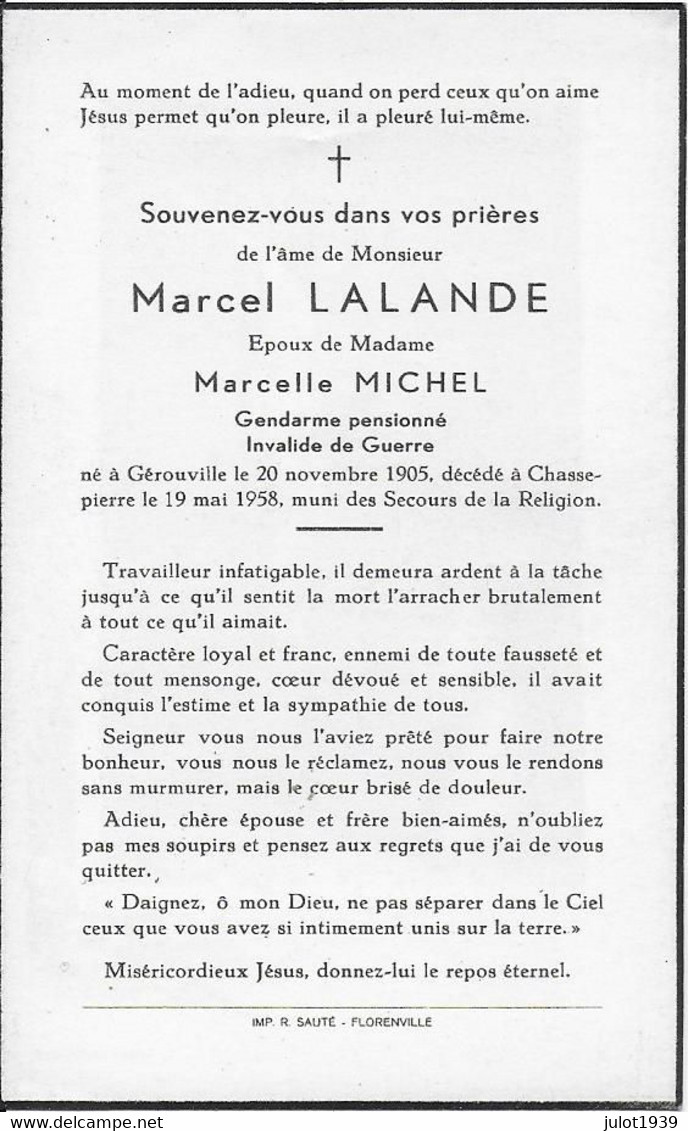 GC .  GEROUVILLE ..--  Mr Marcel LALANDE , GENDARME Pensionné , époux De Mme Marcelle MICHEL , 1905 / 1958 . - Meix-devant-Virton