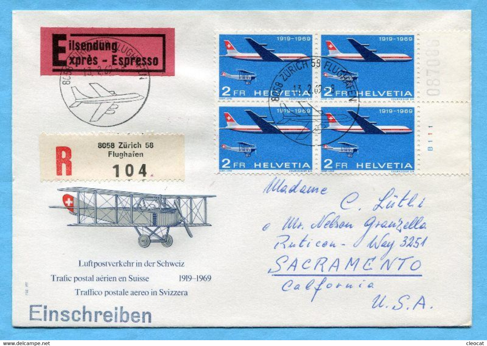 Ersttags - Brief Von Zürich Flughafen Nach Sacramento 1969 Mit Viererblock - Lettres & Documents