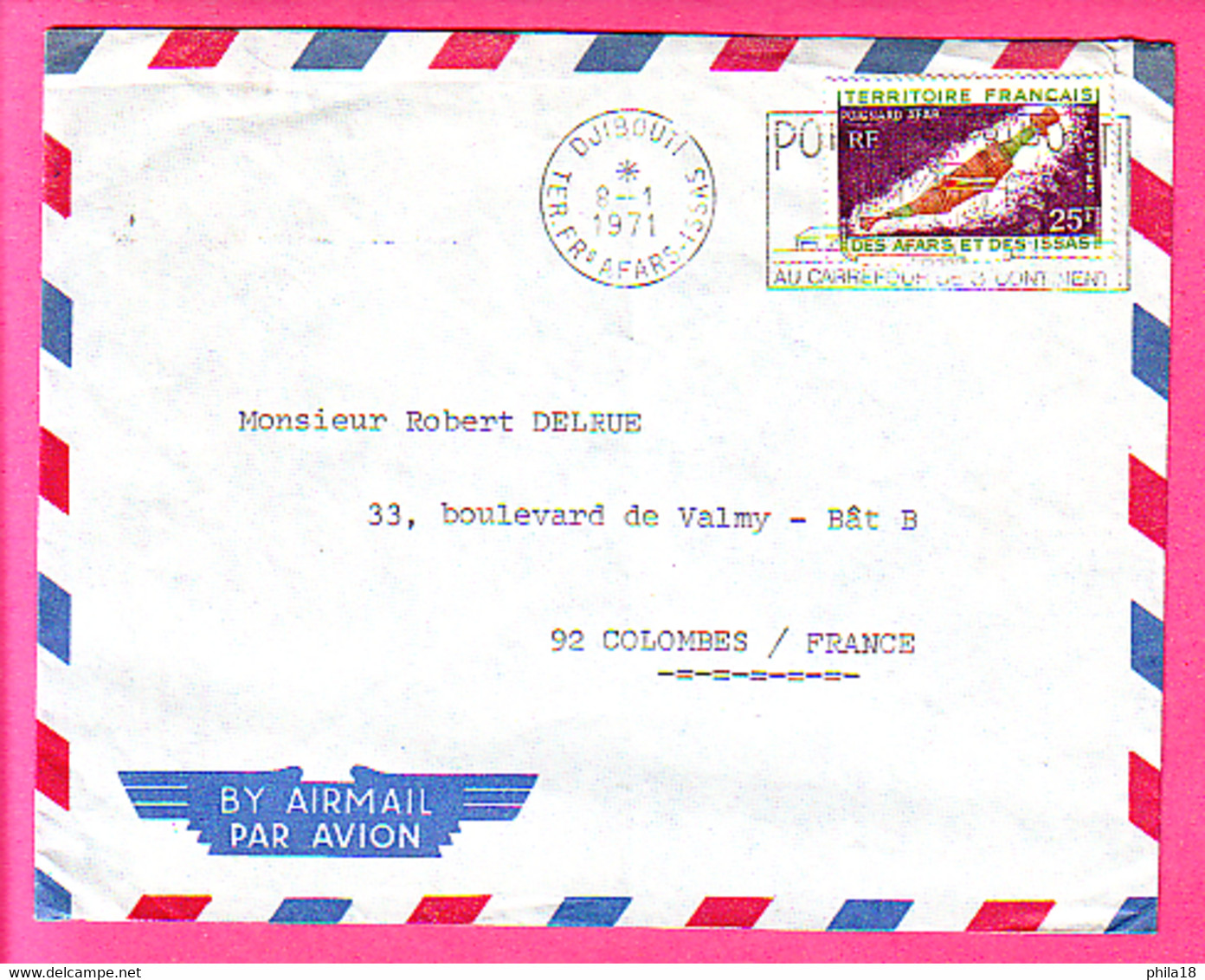 LETTRE PAR AVION DJIBOUTI TER FR AFARS ET ISSAS   OBLI 8 1 1971 SUR TP A 25F - Covers & Documents