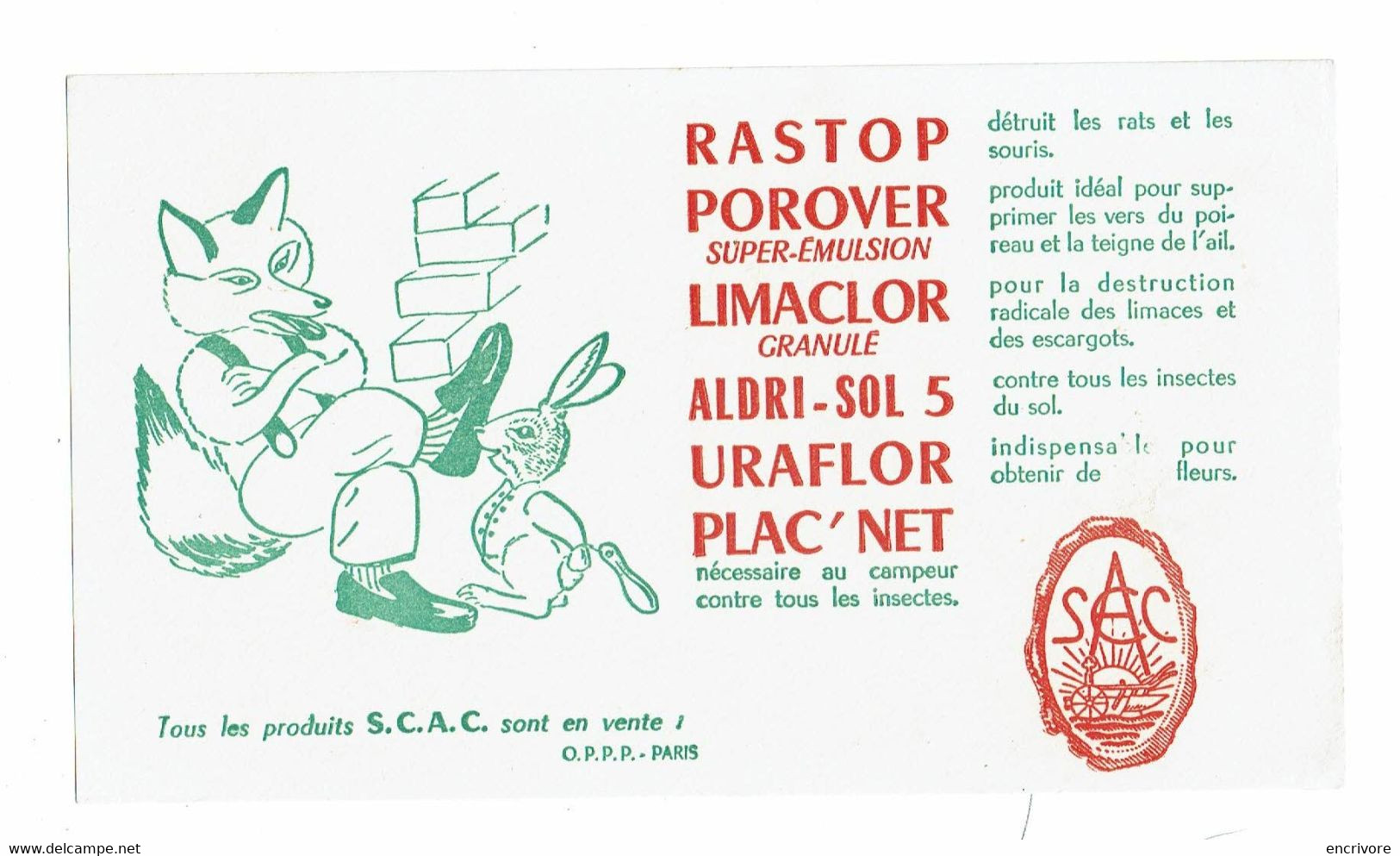 Buvard S.C.A.C. Rastop Limaclor Renard Et Lapin Détruit Rats Souris Limaces Insectes - Agriculture