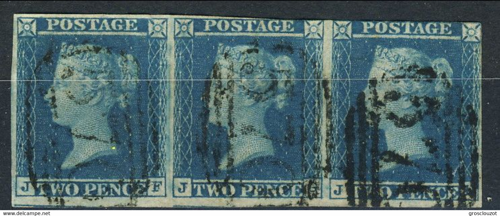 GB 1841 SG N. 14 - PENNY BLUE Rara Striscia Di 3,  Lettere JF, JG, GH, Grandi Margini, Usata Firma E. Diena - Used Stamps