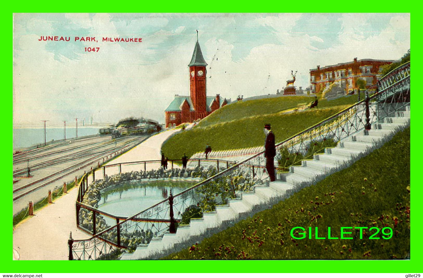 MILWAUKEE, WI - JUNEAU PARK - ANIMATED WITH PEOPLES - TRAVEL IN 1910 - 3/4 BACK - - Milwaukee