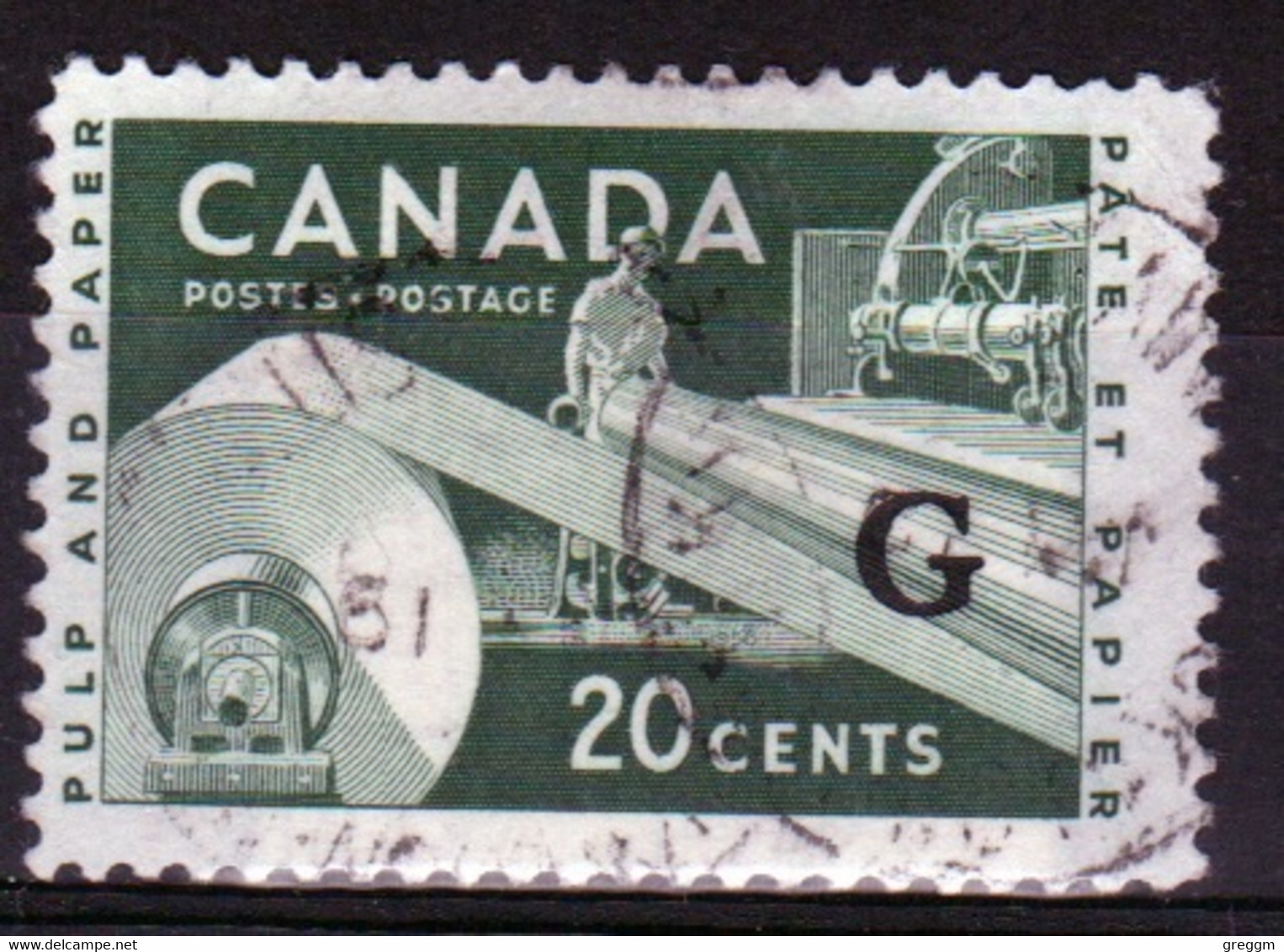 Canada 1955 Single 20c Stamps Overprinted 'G'. In Fine Used - Surchargés
