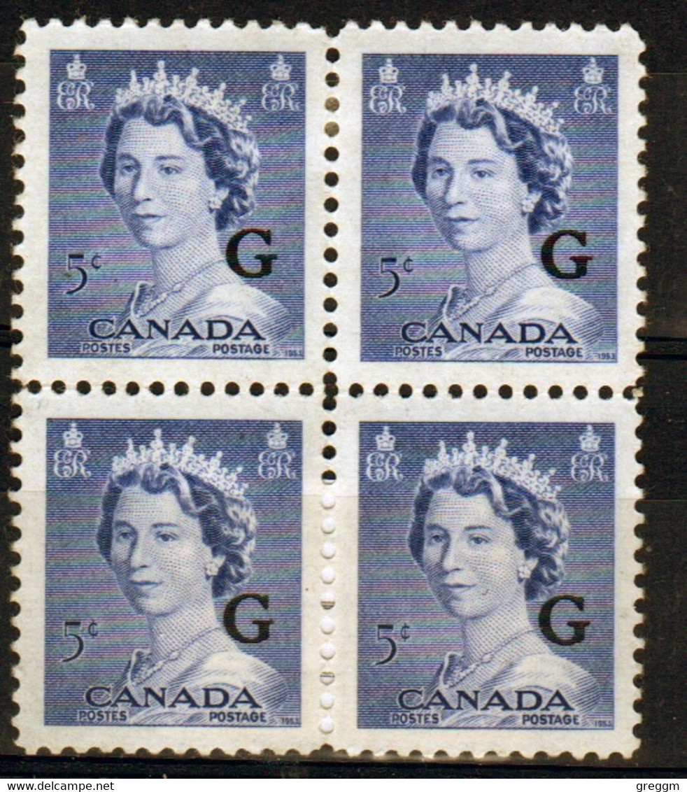 Canada 1955 Block Of Four 5c Stamps Overprinted 'G'. In Mounted Mint - Aufdrucksausgaben