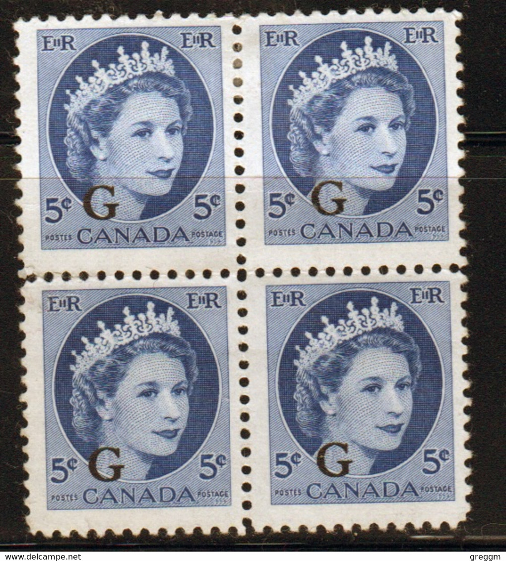 Canada 1955-56 Block Of 4 X 5c Stamps Overprinted 'G'. In Mounted Mint - Sovraccarichi