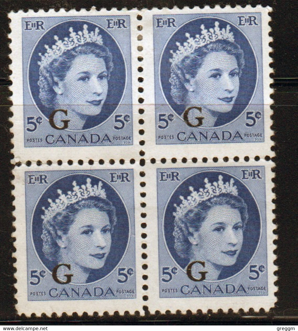 Canada 1955-56 Block Of 4 X 5c Stamps Overprinted 'G'. In Mounted Mint - Aufdrucksausgaben
