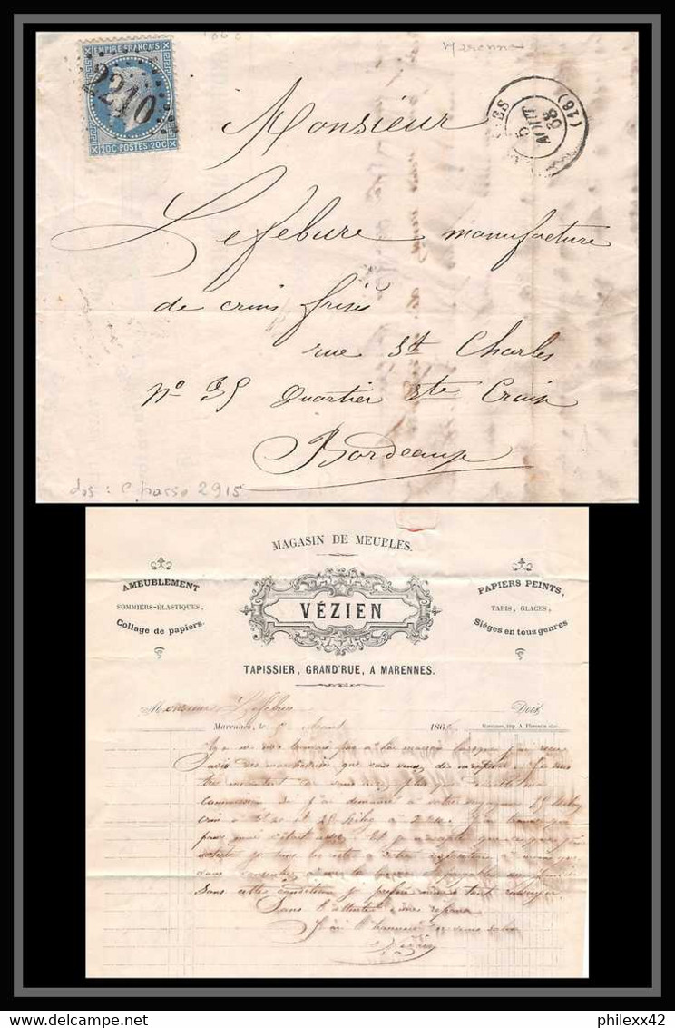 0550 Charente-Maritime Marennes Napoleon N°29 A GC 2210 Bureau De Passe 2915 5/8/1868 TB FRAPPE LAC Lettre Cover France - 1849-1876: Periodo Classico