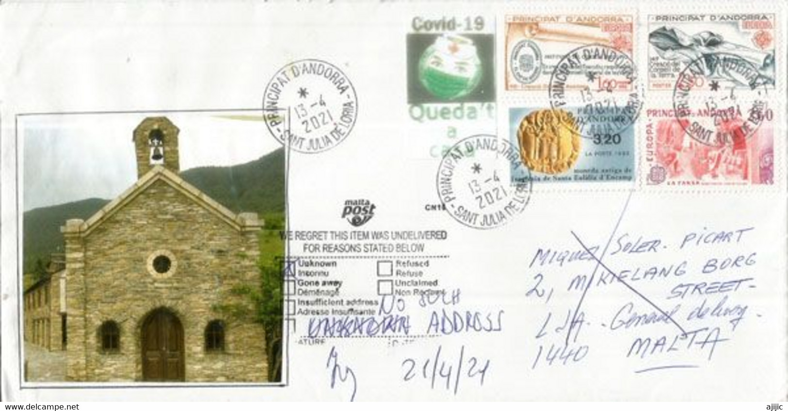 Lettre D'Andorre Adressée à MALTA Pendant Confinement Covid19 Andorra, Return To Sender - Maschinenstempel (EMA)