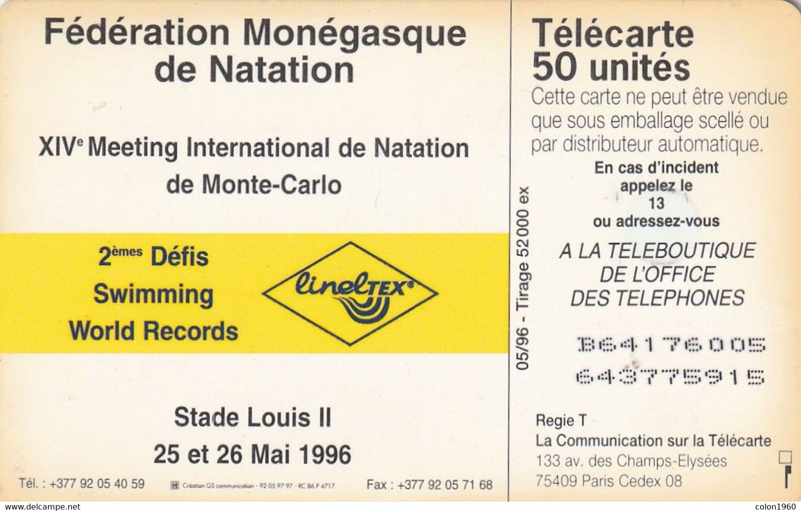 MONACO. MF39a. Natation - Serie : B64176001 (Gem1A). 50U. 1996-05. 52000 Ex. (046) - Mónaco