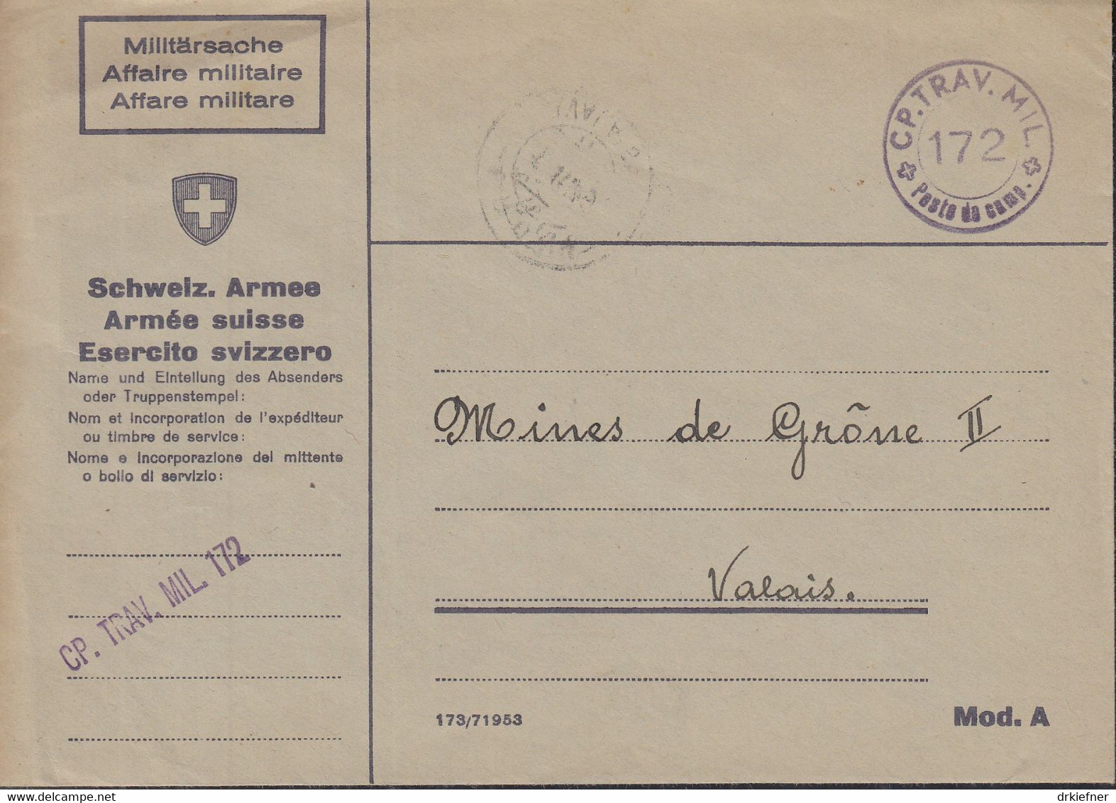 SCHWEIZ  Militärsache, Feldpost, Stempel: CP.TRAV.MIL. -172- Poste De Camp. (1.III.45) - Postmarks