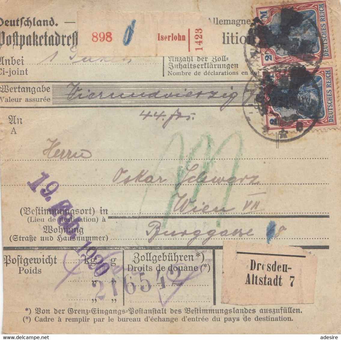 ÖSTERREICH NACHPORTO 1920 - 7 X 50 Heller (Ank82) Nachporto + 40 Pfg + 2 X 2 Mark (Klecksstempel) Auf Paketkarte Gel ... - Abarten & Kuriositäten