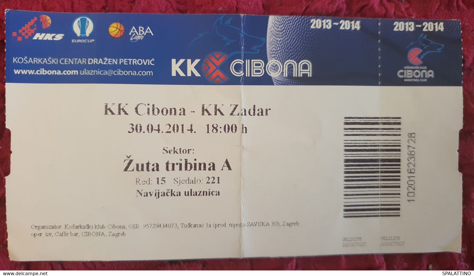 KK CIBONA- KK ZADAR, ABA LEAGUE 13/14 MATCH TICKET - Abbigliamento, Souvenirs & Varie