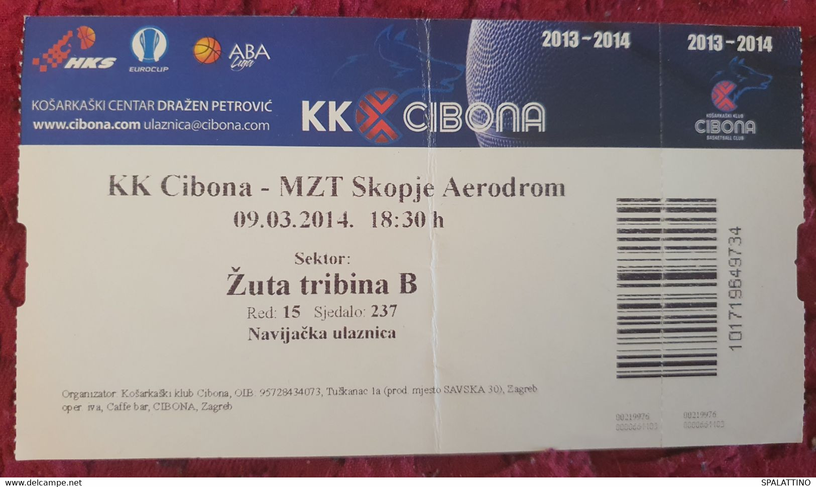 KK CIBONA- MZT SKOPJE AERODROM, ABA LEAGUE 2013/14. MATCH TICKET - Bekleidung, Souvenirs Und Sonstige