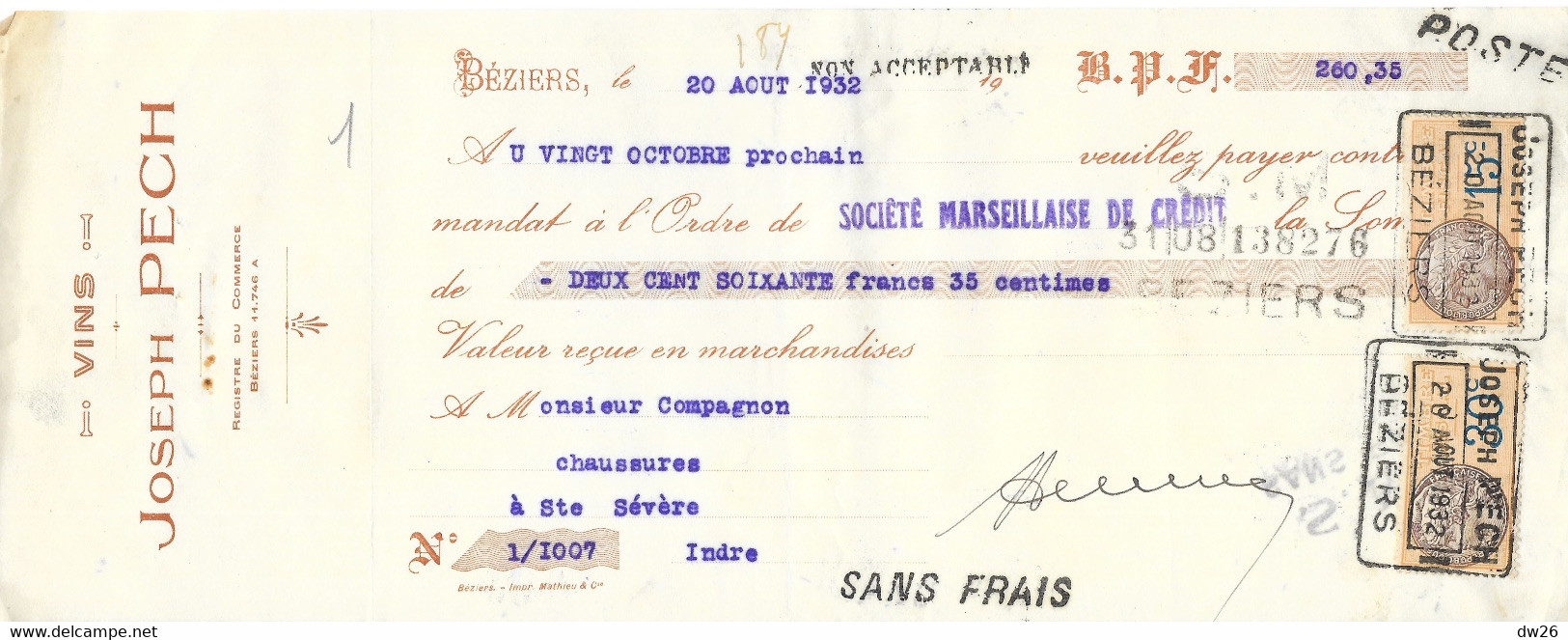 Mandat à L'ordre - Vins Joseph Pech, Béziers 1932 - Adressé à M. Compagnon (Chaussures à Ste Sévère, Indre) - Alimentare