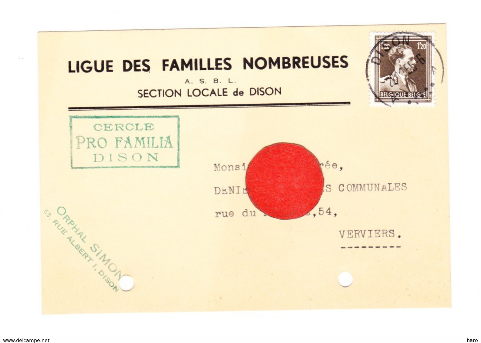 Carte Postale Pré Imprimée - Ligue Des Familles Nombreuses - DISON - Cercle Pro Familia  1955 - Dison