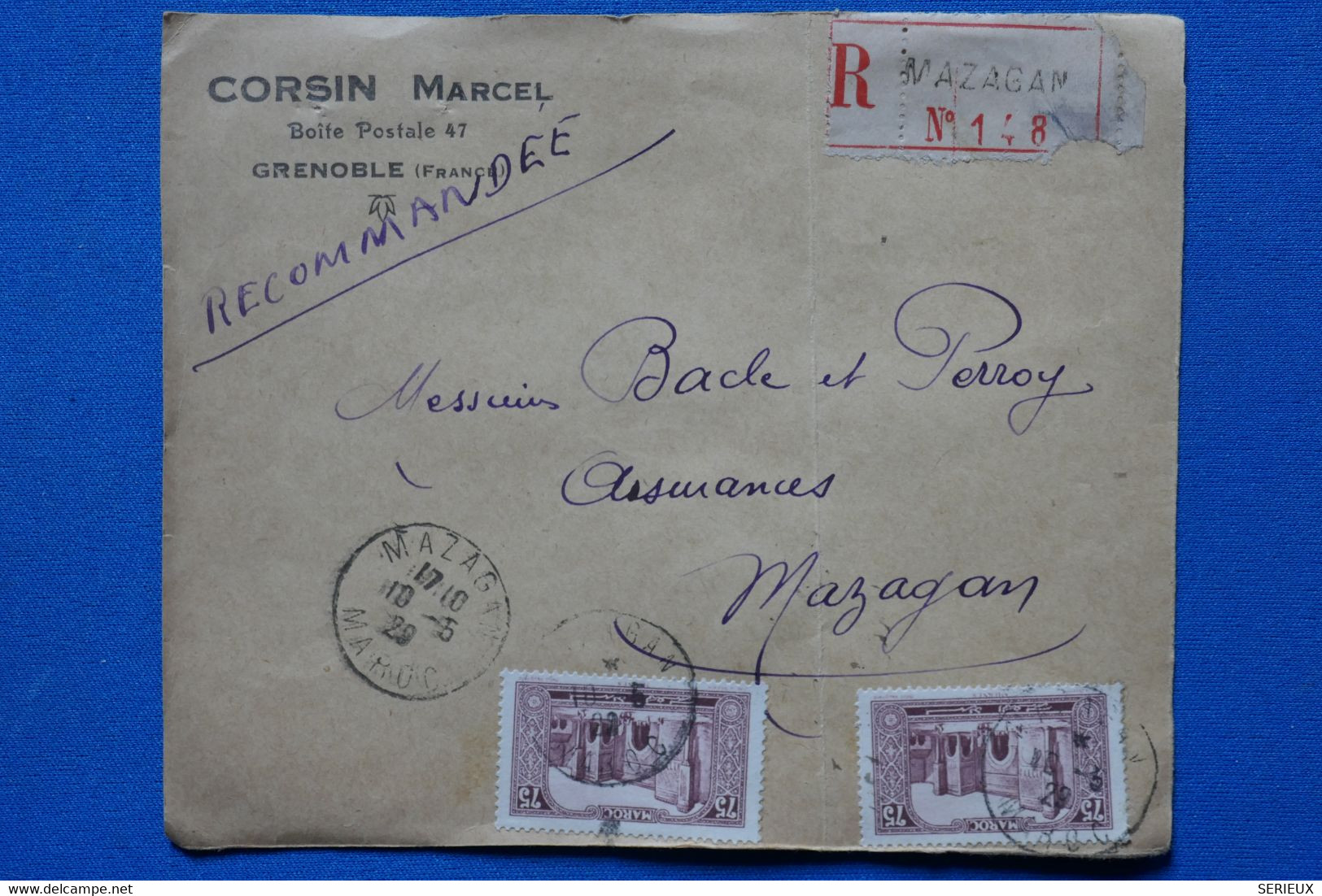 T9 MAROC BELLE LETTRE RECOM.DEVANT  1929  MAZAGAN  +AFFRANCH. INTERESSANT - Covers & Documents